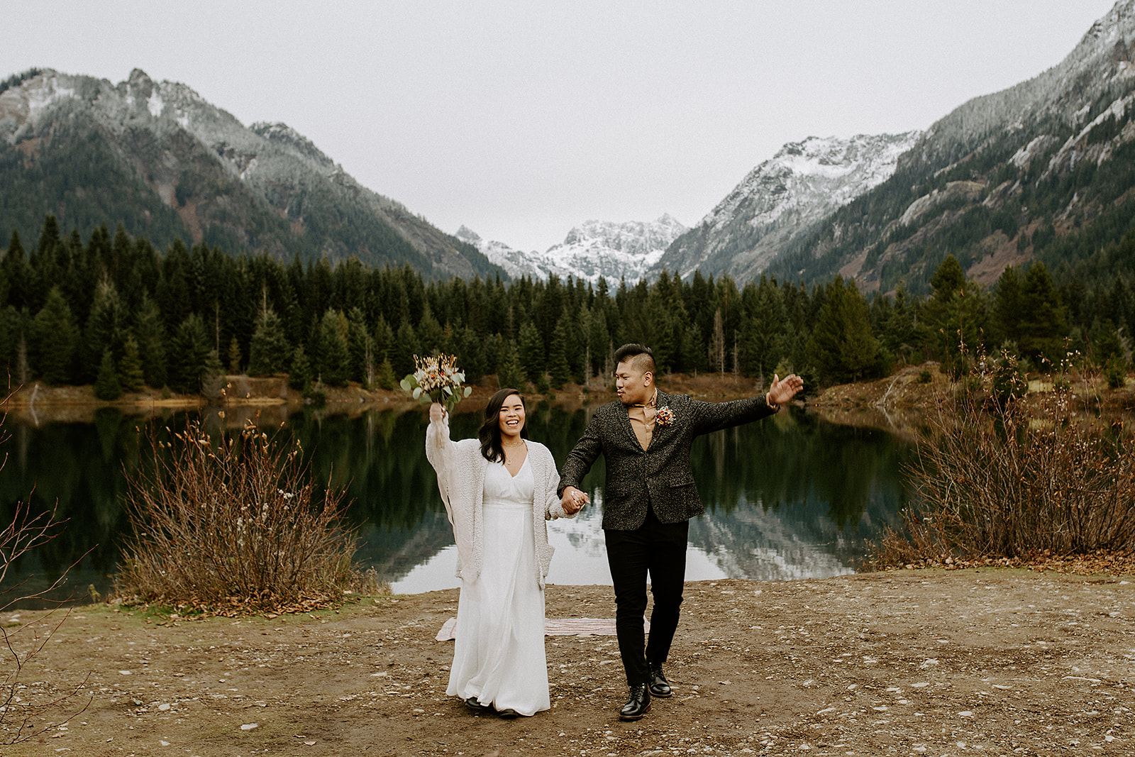Gold creek pond elopement after ceremony with bride and groom