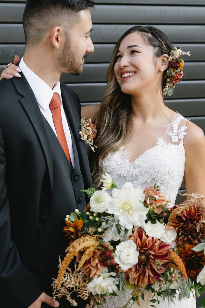 a garden wedding photoshoot for bride and groom | Block House PDX and Pomarius Nursery | Portland Garden Wedding Venues
