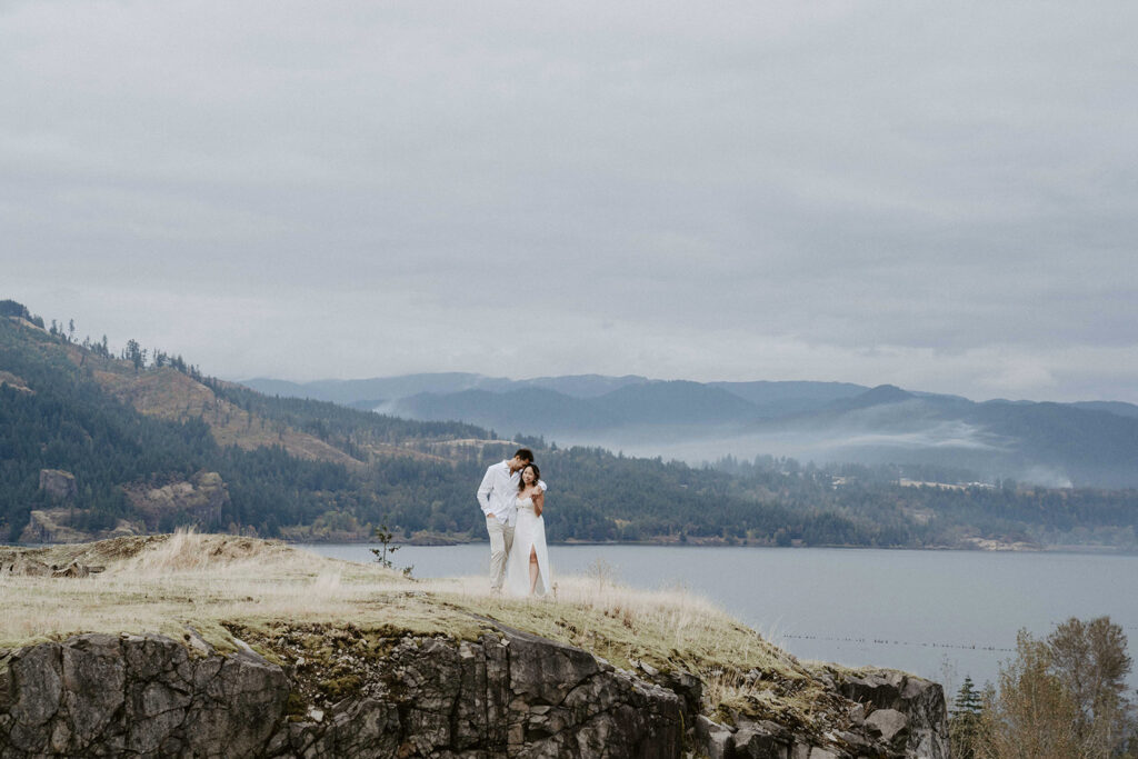 couple posing outdoors in oregon for engagement photos