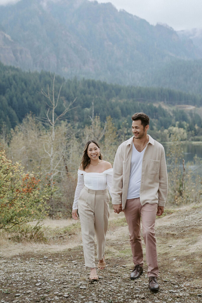 couple posing outdoors in oregon for engagement photos