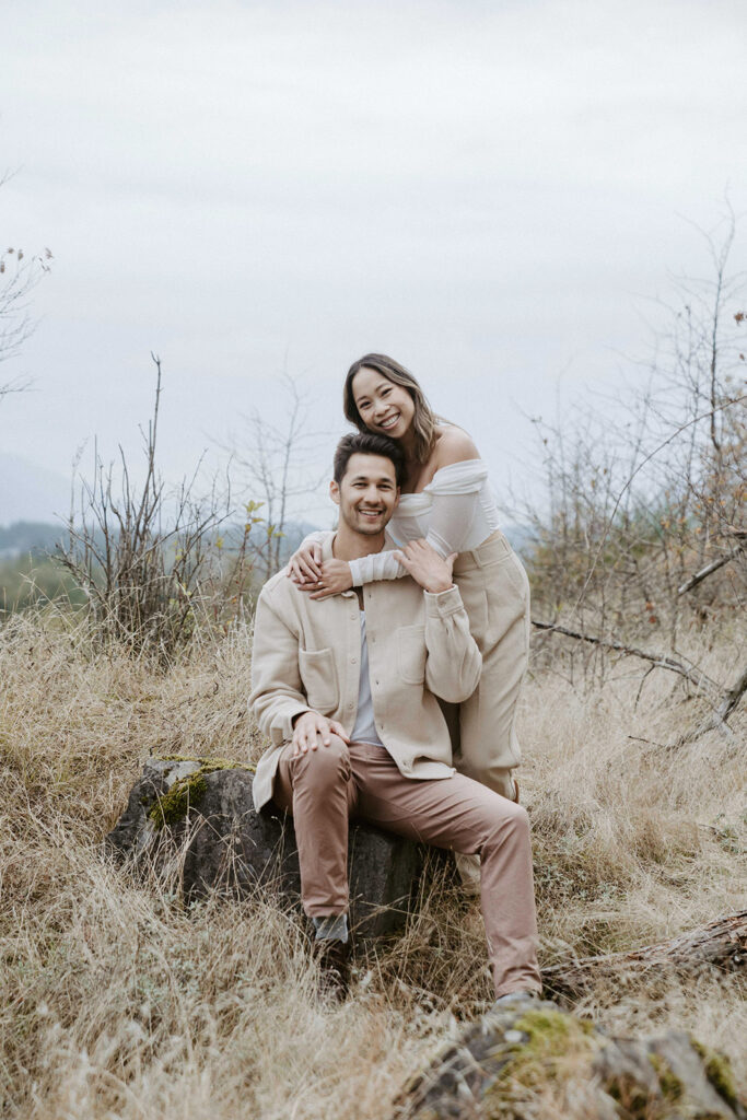 couple posing outdoors in oregon for engagement photos