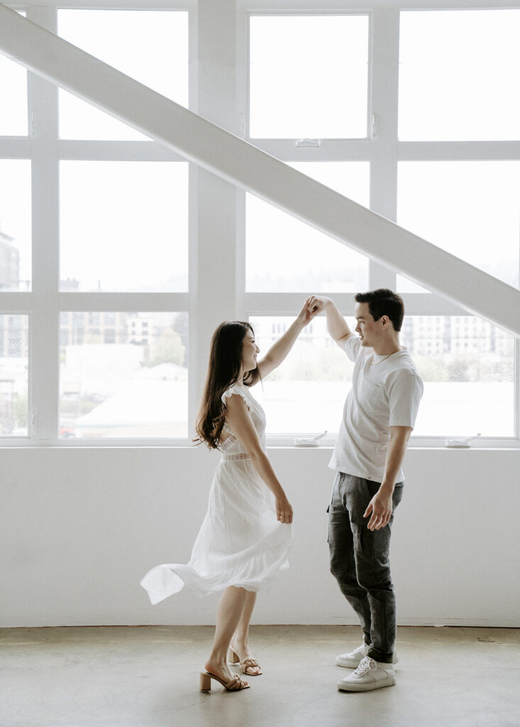 an intimate engagement photoshoot in a studio in portland oregon
