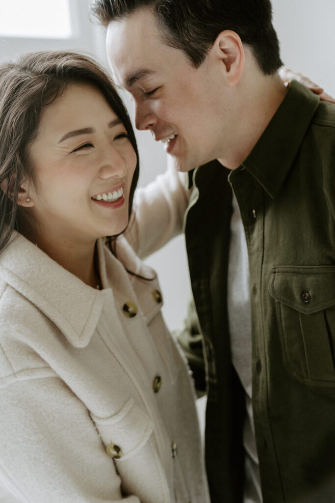 an intimate engagement photoshoot in a studio in portland oregon
