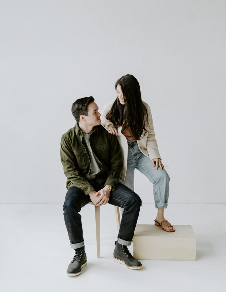 an intimate engagement photoshoot in a studio in portland oregon
