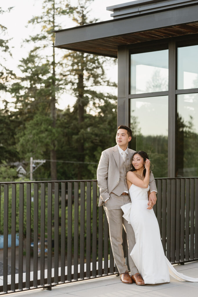 bride and groom posing