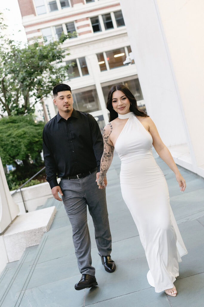 couple taking engagement photos in portland
