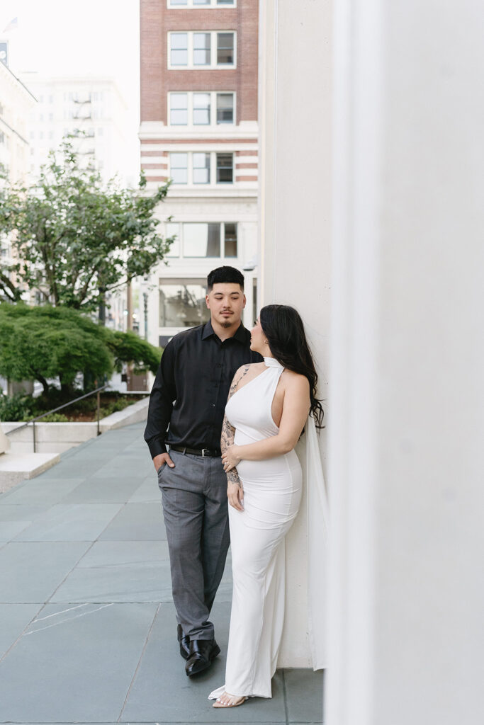 couple taking engagement photos in portland
