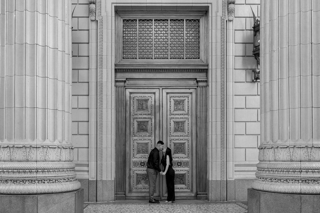 couple taking engagement photos in portland
