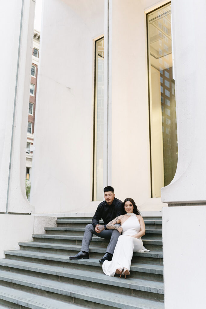 couple taking engagement photos in portland
