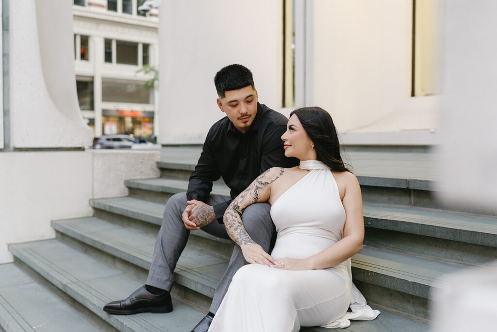 couple taking engagement photos in portland
