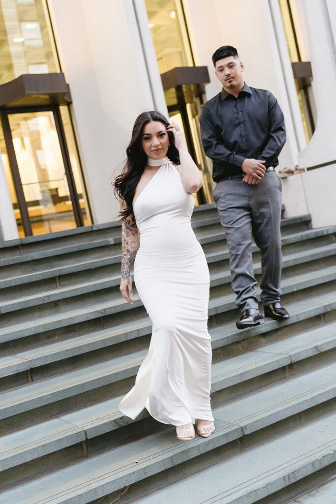 couple posing for engagement photos
