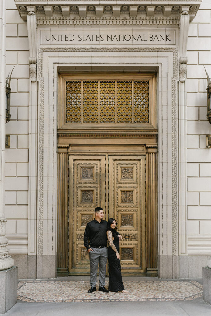 couple taking engagement photos in portland
