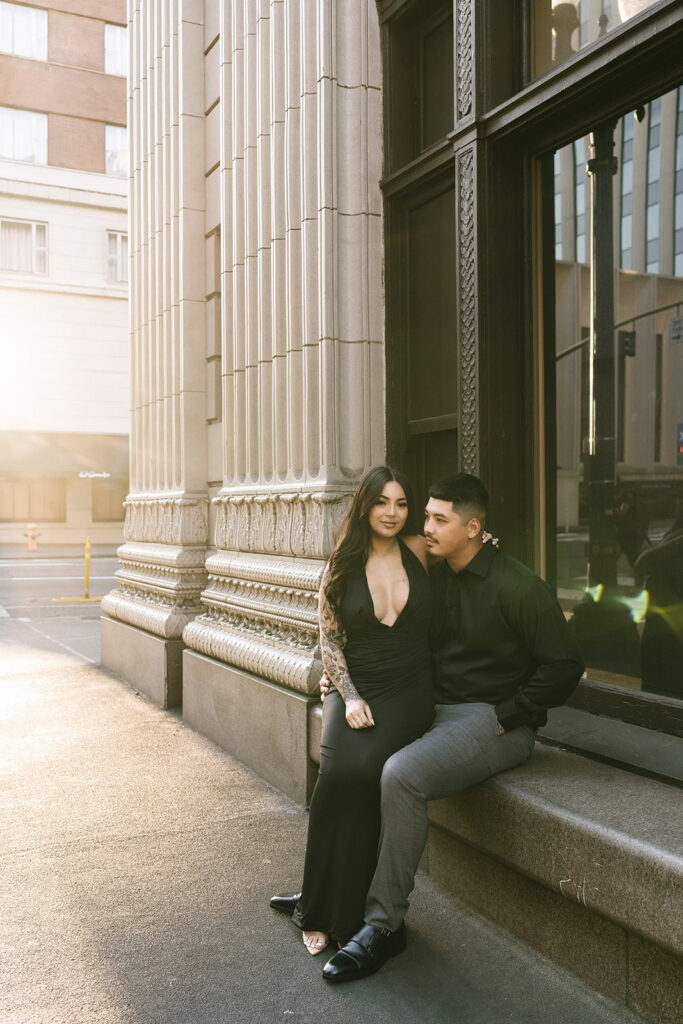 couple taking engagement photos in portland
