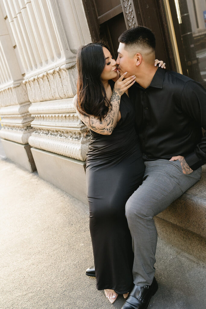 couple taking engagement photos in portland
