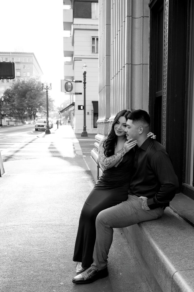 couple taking engagement photos in portland
