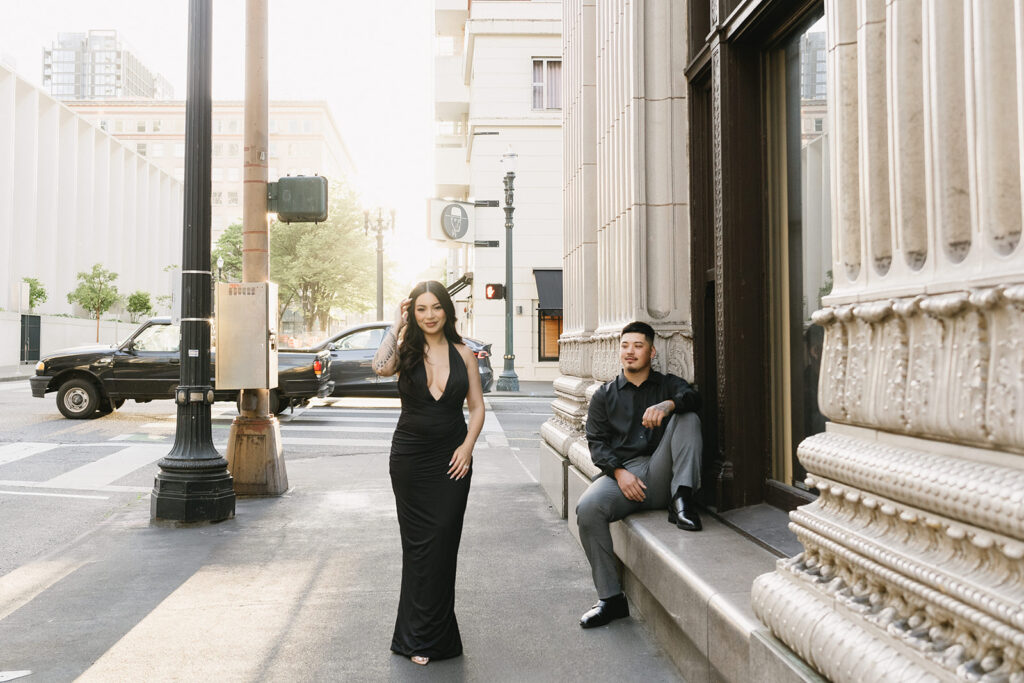 couple posing for engagement photos
