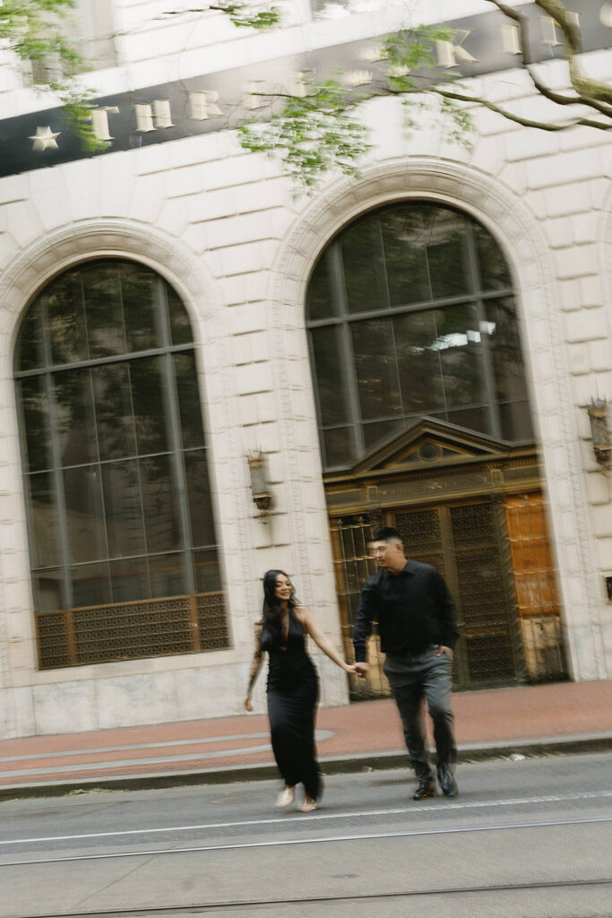 couple taking engagement photos in portland
