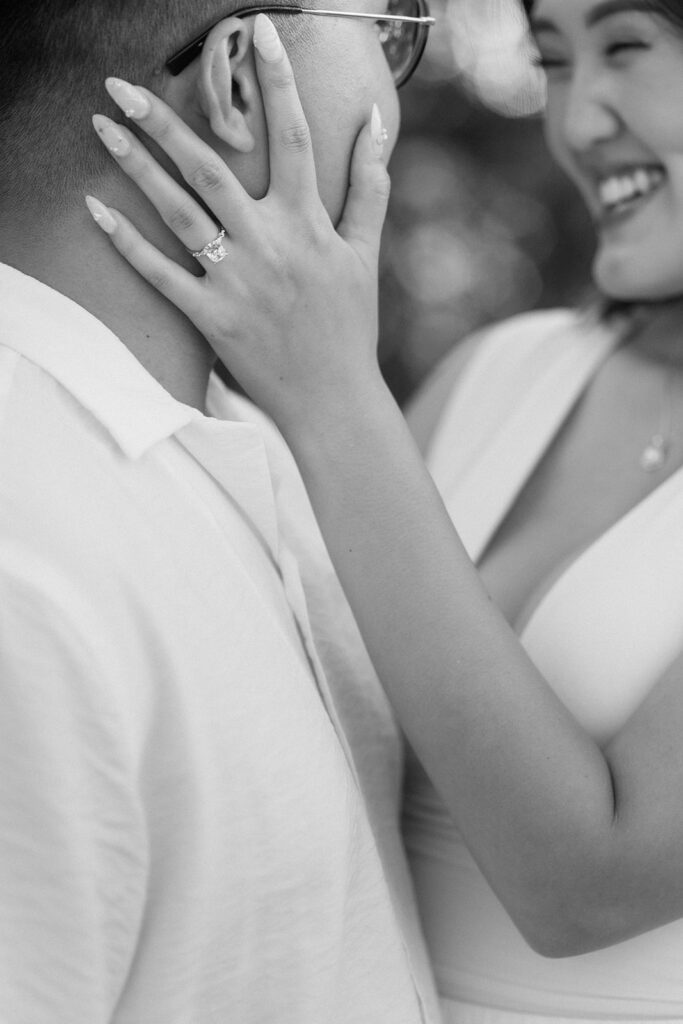 couple taking engagement photos in portland
