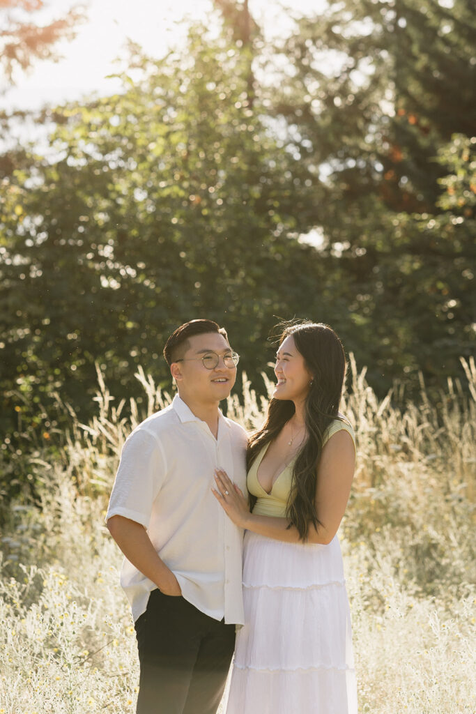 couple taking engagement photos in portland
