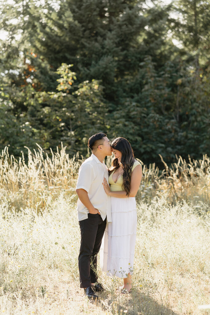 couple taking engagement photos in portland
