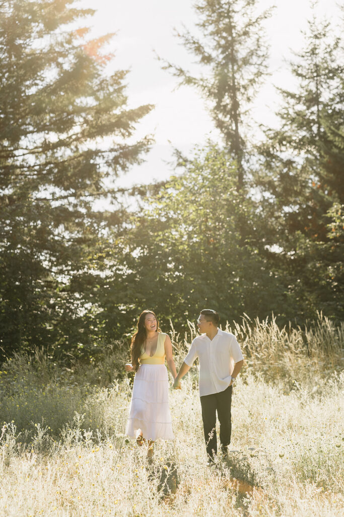 couple taking engagement photos in portland
