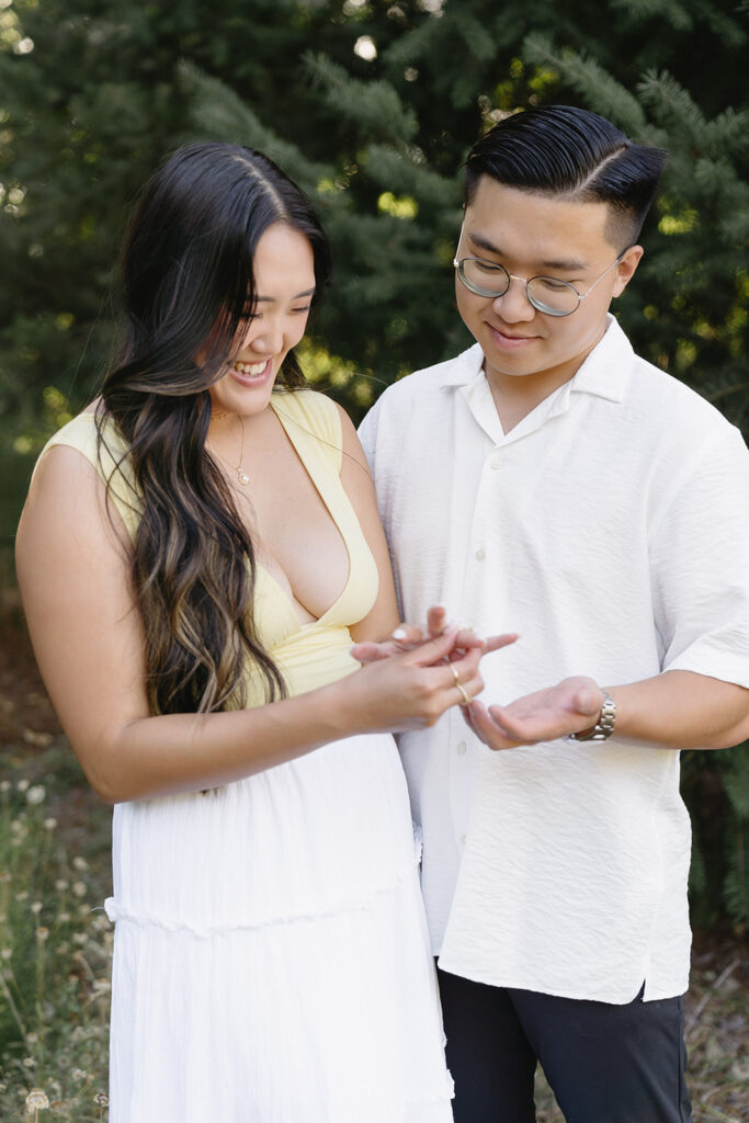 couple taking engagement photos in portland
