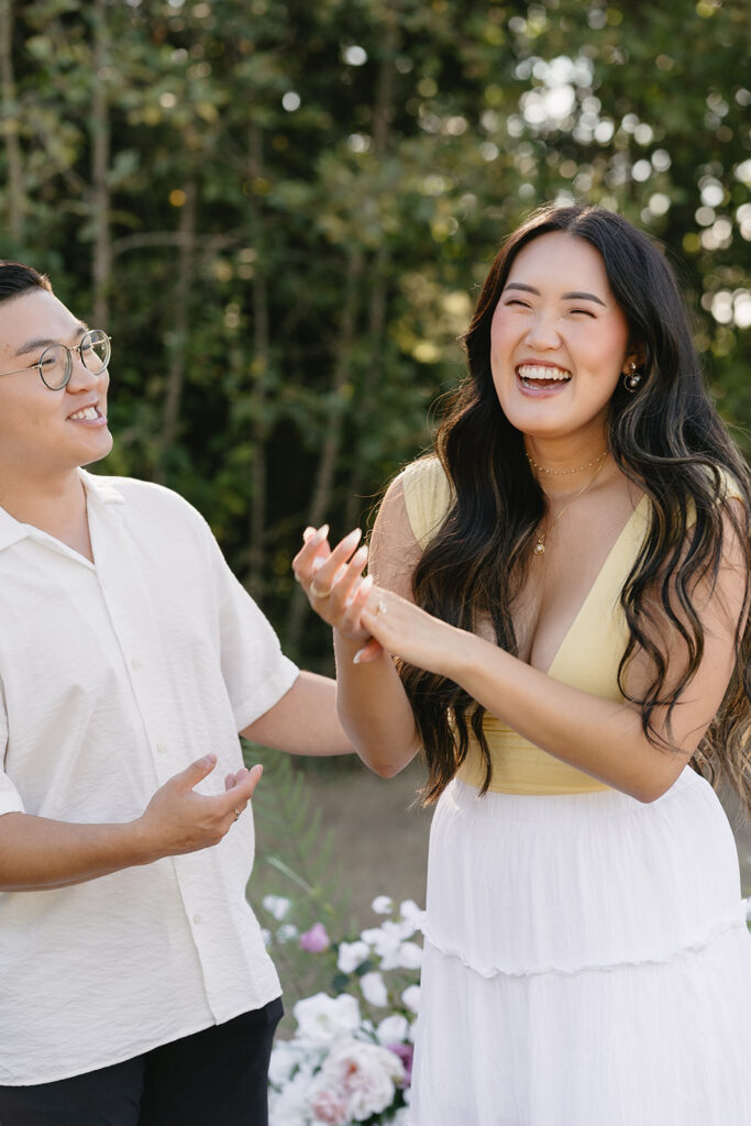 portland engagement photos in a field
