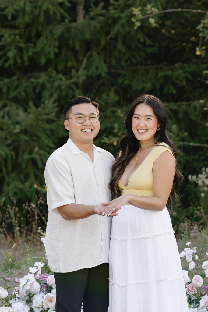 portland engagement photos in a field
