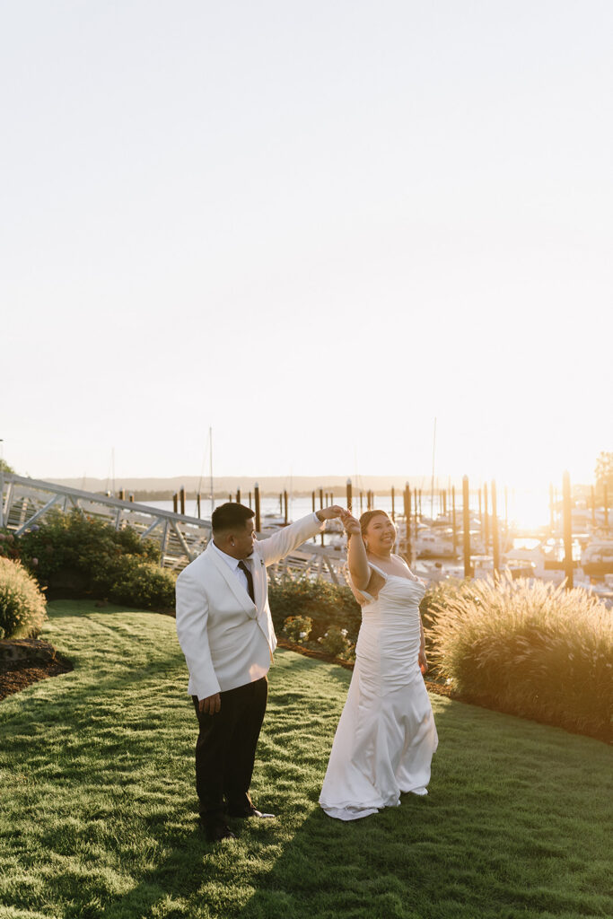 couple taking their elopement photos: An intimate downtown vancouver micro wedding
