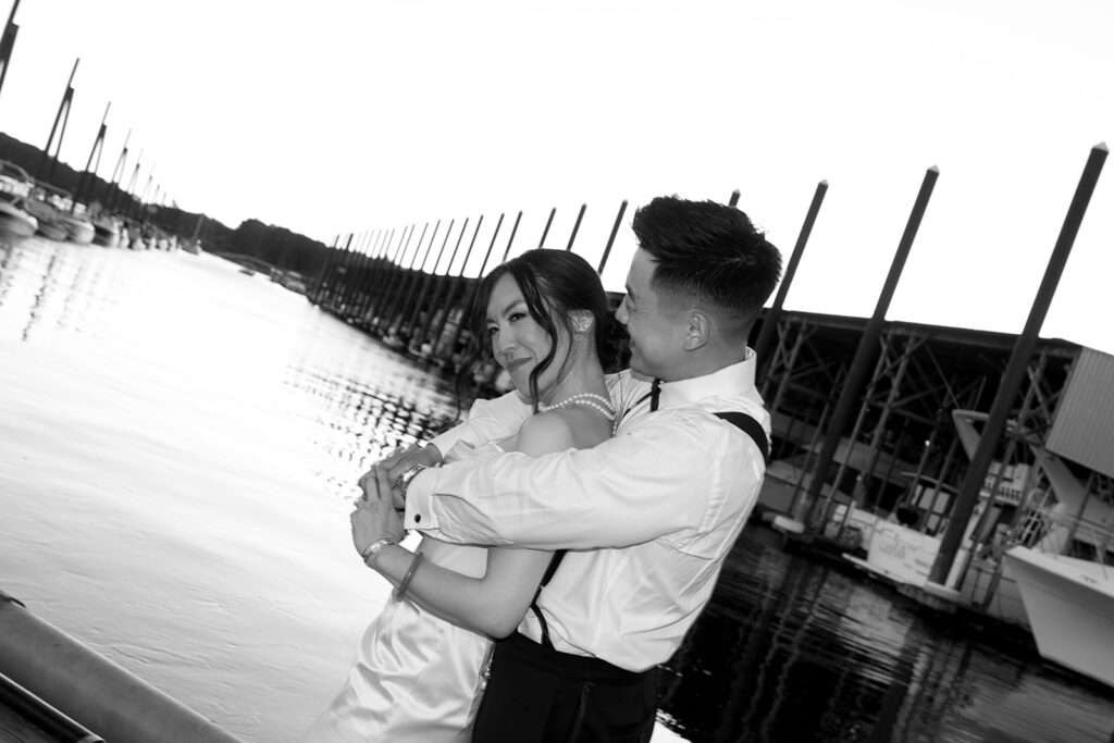 couple posing for their wedding photos 
