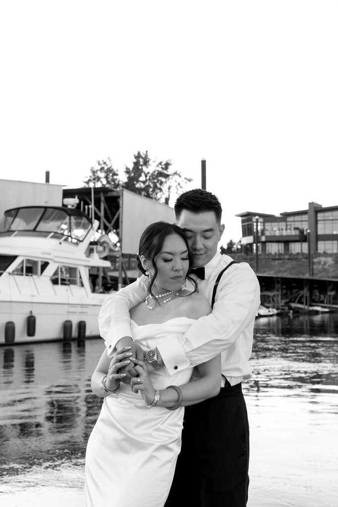 couple posing for their wedding photos 
