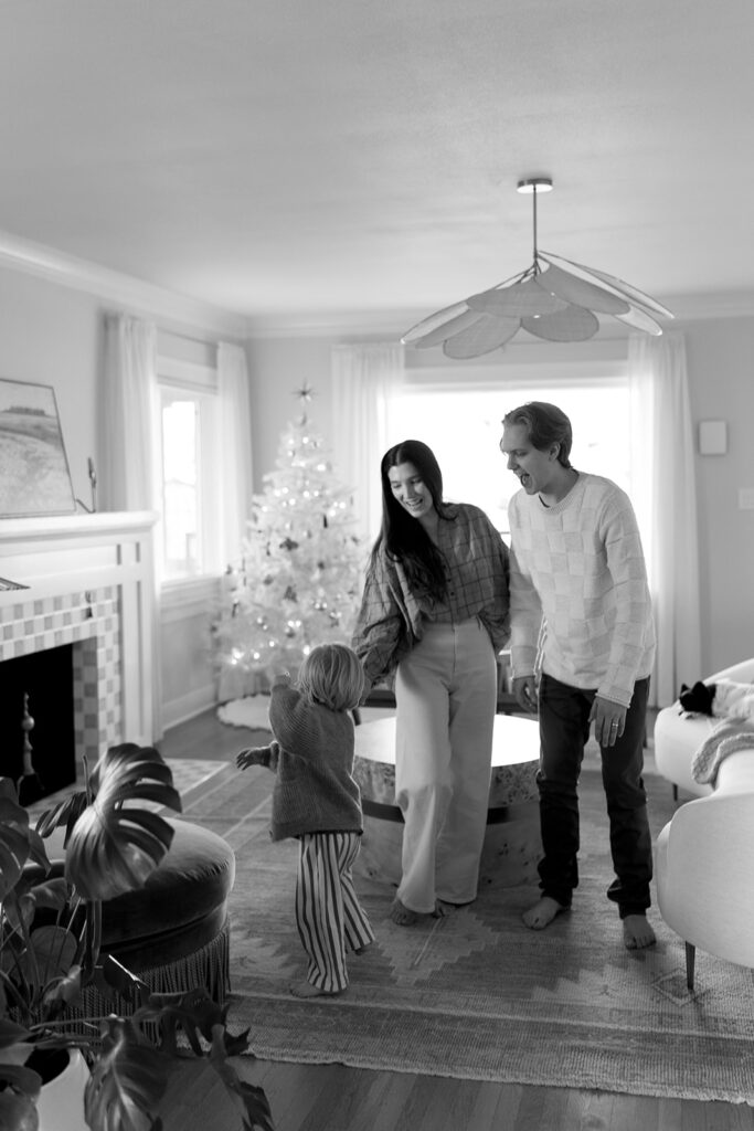 A sweet family of three captured in their cozy Portland home.
