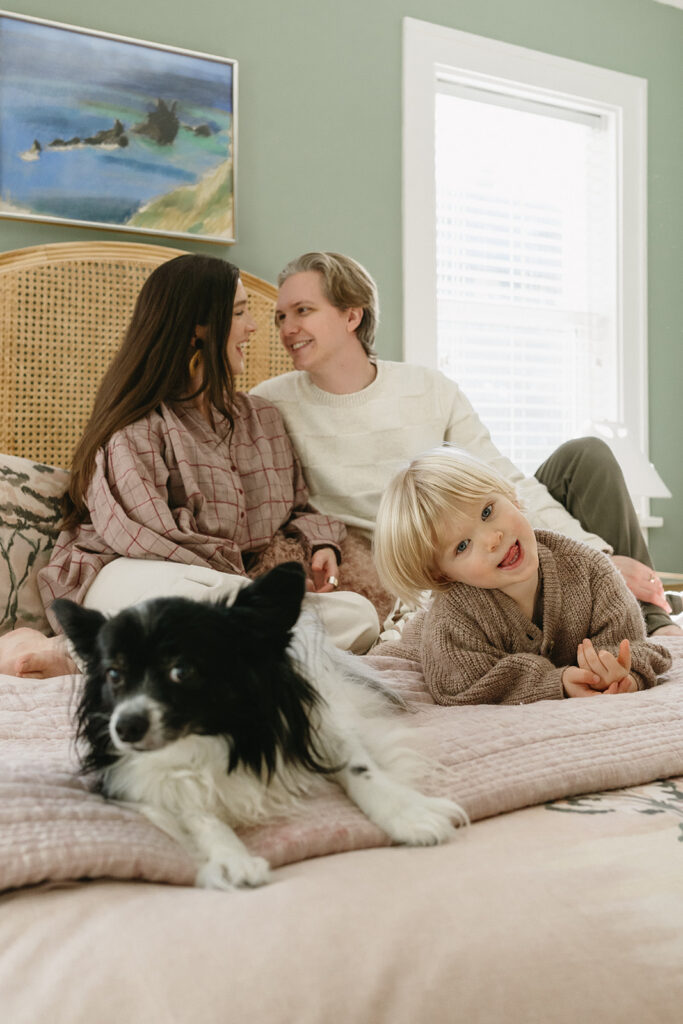 A loving family of three spending time together in their Portland home during an in-home session.
