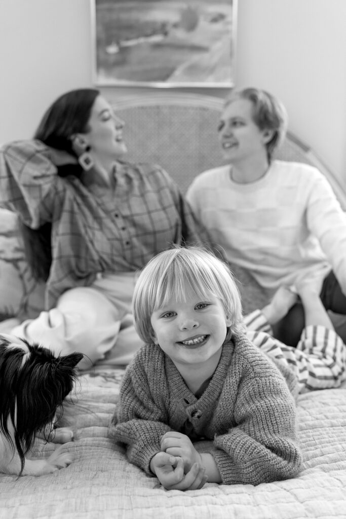 A loving family of three spending time together in their Portland home during an in-home session.
