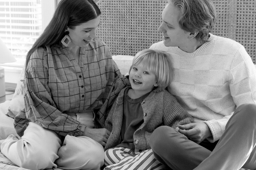 Candid photos of a family of three in their Portland home, surrounded by everyday moments.
