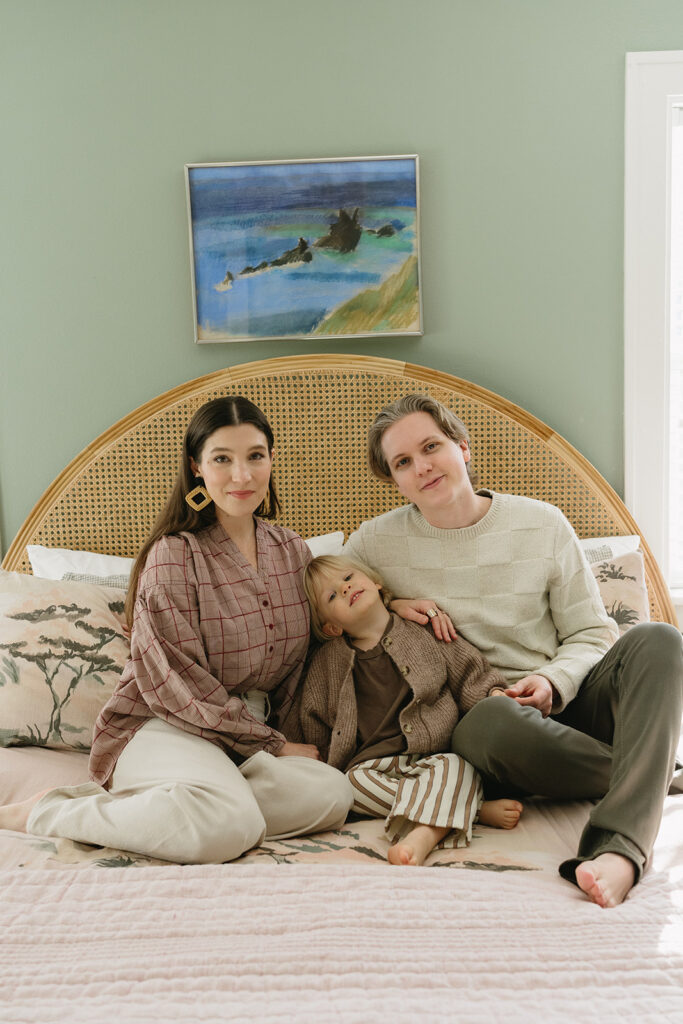 Candid photos of a family of three in their Portland home, surrounded by everyday moments.
