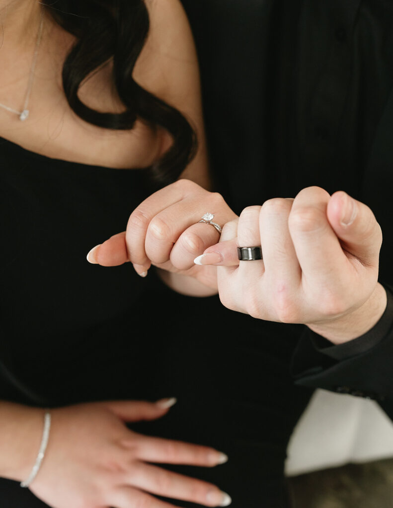 A soon-to-be-married couple capturing timeless portraits in a Washington studio.
