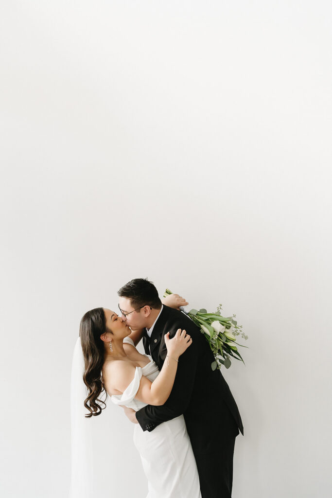 A soon-to-be-married couple capturing timeless portraits in a Washington studio.
