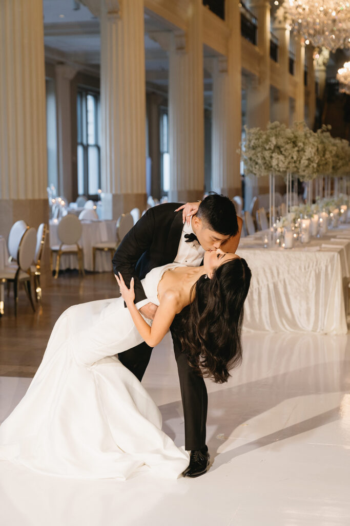 A sophisticated Houston wedding showcasing minimal yet stunning decor and classic wedding portraits.
