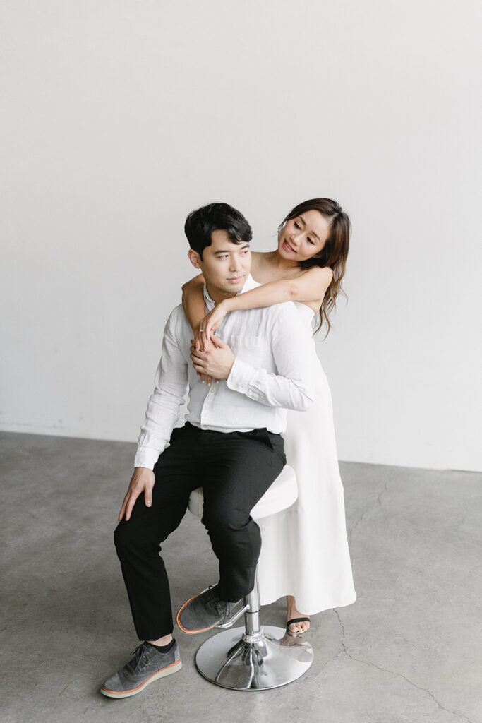 a couple posing for their romantic engagement photos
