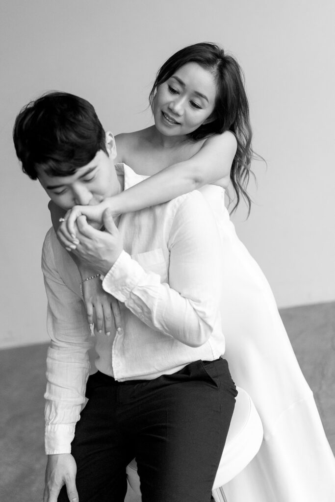 a couple posing for their romantic engagement photos
