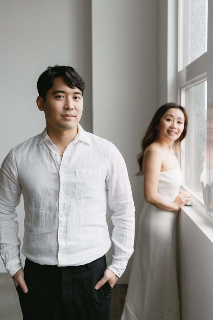 a couple posing for their romantic engagement photos

