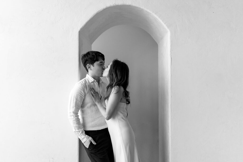 a couple posing for their romantic engagement photos
