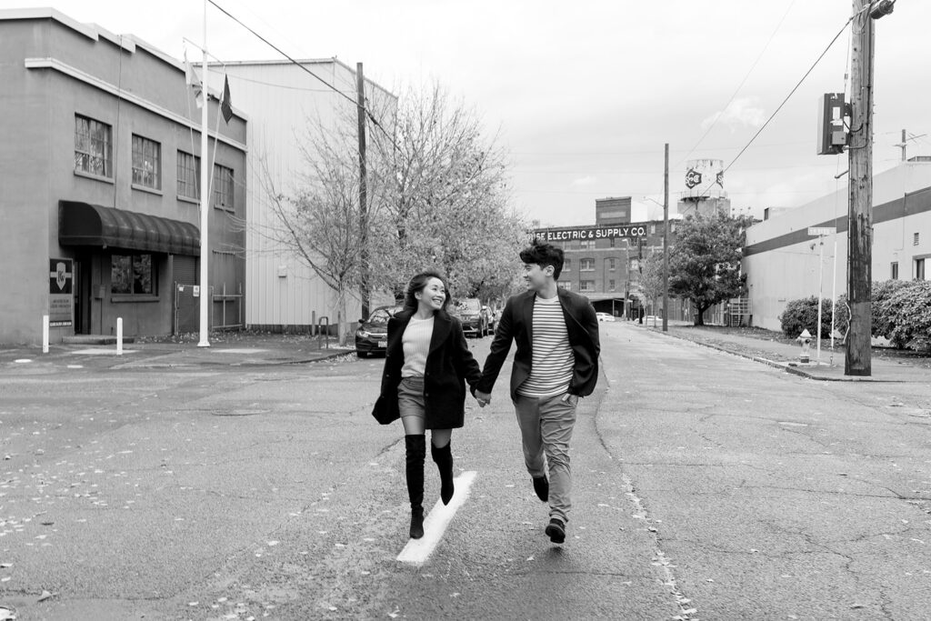 a couple posing for their romantic engagement photos
