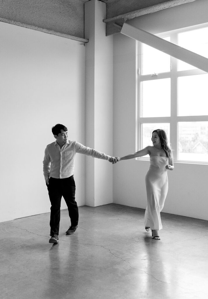 a couple posing for their romantic engagement photos
