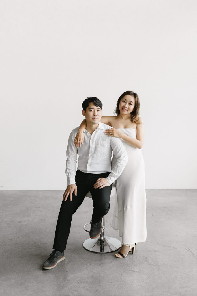 a couple posing for their romantic engagement photos
