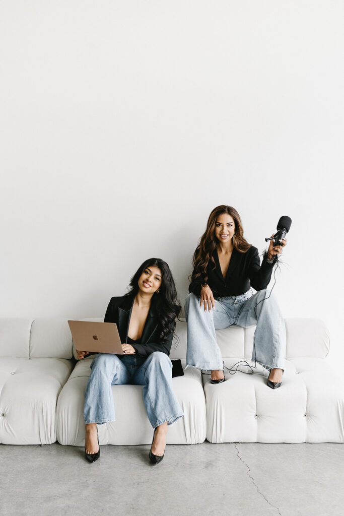 Modern family portrait with editorial styling and minimal backdrop
