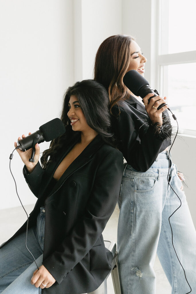 Modern family portrait with editorial styling and minimal backdrop

