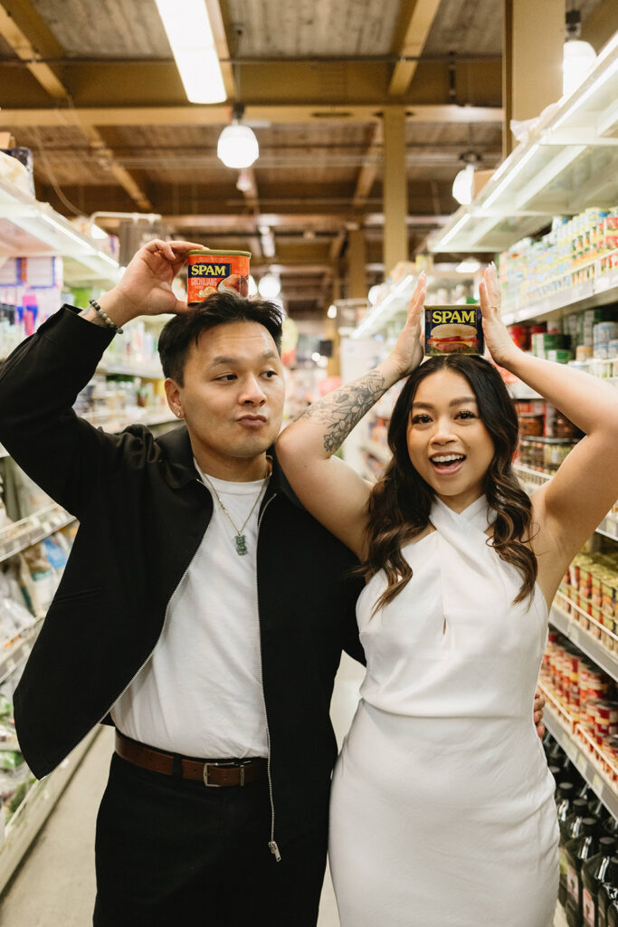 A candid moment captured during a casual engagement photo session.
