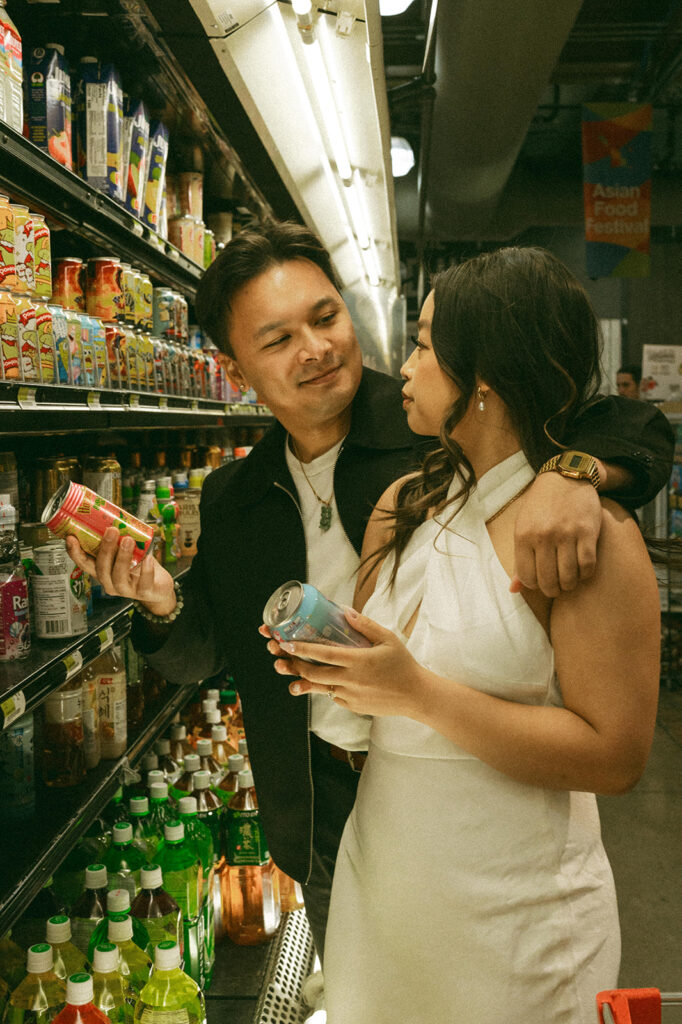 A candid moment captured during a casual engagement photo session.
